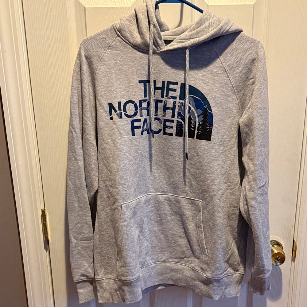 The North Face Light Gray Hoodie with Blue Logo